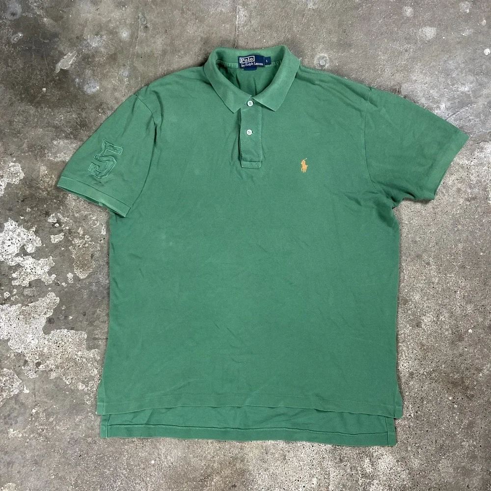 Vintage Polo Ralph Lauren Polo Shirt Size Large Green Embroidered #5 Pony Logo